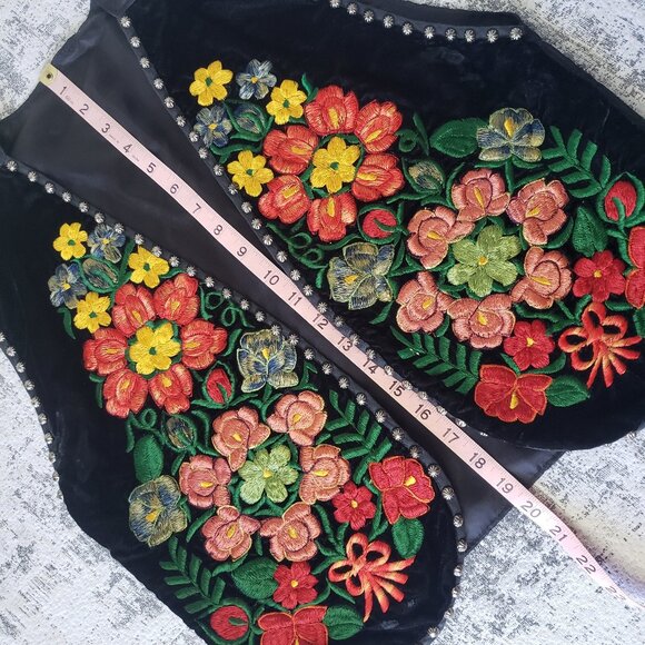 Floral Red Green Bohemian Boho Embroidered Lined Vest with metal stud buttons - Picture 11 of 14